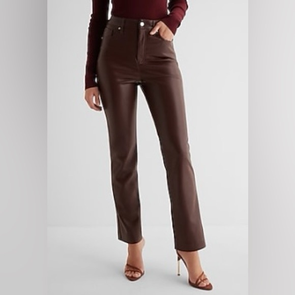 Express Super High Waisted Faux Leather 90’s Slim Pants Mocha Size 8 R - Picture 1 of 6